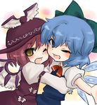  bad_id bad_pixiv_id bangs cirno hug multiple_girls mystia_lorelei niji_(nijioki) one_eye_closed touhou 