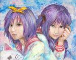  highres hiiragi_kagami hiiragi_tsukasa kabaji lucky_star multiple_girls oil_painting_(medium) purple_hair realistic traditional_media 