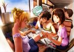  3girls blonde_hair book breasts brown_hair calculus cleavage downblouse drink glasses large_breasts math mcdonald's medium_breasts multiple_boys multiple_girls ocean pen pen_spinning product_placement restaurant shiika_sadamasa short_hair summer 