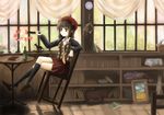  amami_haruka argyle book bottle brown_hair chair college_of_angel_(idolmaster) crossed_legs flower hat idolmaster idolmaster_(classic) idolmaster_live_for_you! necktie school_uniform shoe_dangle shoes short_hair sitting skirt solo sweater table yakusa 