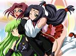  ass bare_shoulders black_hair blue_eyes blush breast_press breasts c.c. code_geass detached_sleeves green_eyes green_hair headband kallen_stadtfeld kneehighs large_breasts long_hair multiple_girls one_eye_closed order_of_the_black_knights_uniform red_hair short_hair skirt socks sumeragi_kaguya tanan yellow_eyes 