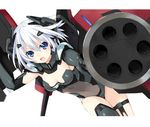  :o aiming aiming_at_viewer bangs blue_eyes blush breasts cleavage covered_navel cowboy_shot date_a_live dutch_angle fighting_stance foreshortening gatling_gun gloves gun hair_between_eyes headgear highres leotard looking_at_viewer mecha_musume medium_breasts minigun official_art open_mouth short_hair shouting simple_background solo thigh_strap thighhighs tobiichi_origami tsunako turtleneck v-shaped_eyebrows weapon white_background white_hair 