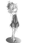  arms_behind_back bow child greyscale hair_bow hair_ornament hakano_shinshi kagiyama_hina looking_at_viewer monochrome open_mouth shadow shirt short_hair simple_background slippers solo standing touhou white_background 