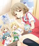  &gt;_&lt; blonde_hair blue_eyes blue_hair blush brain_freeze brown_hair closed_eyes hidamari_sketch holding ice miyako mouth_hold multiple_girls nazuna nori open_mouth resized school_uniform shaved_ice spoon ume-sensei yume_no_owari yuno 