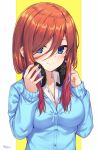  1girl artist_name blue_eyes blue_jacket blush breasts cleavage closed_mouth collared_shirt commentary_request dated fingernails go-toubun_no_hanayome hair_between_eyes hair_over_one_eye hands_up headphones headphones_around_neck highres jacket long_sleeves medium_breasts nakano_miku neps-l red_hair shirt smile solo two-tone_background upper_body white_background white_shirt wing_collar yellow_background 