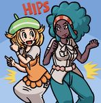  afro aloe_(pokemon) bel_(pokemon) blonde_hair blush_stickers butt_bump dancing dark_skin green_eyes green_hair hat hips long_skirt multiple_girls non-web_source pants pokemon pokemon_(game) pokemon_bw short_hair sidelocks skirt very_dark_skin 