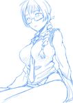  bespectacled between_breasts blue braid breasts glasses large_breasts long_hair lynette_bishop maydrawfag monochrome necktie no_pants non-web_source panties single_braid sitting solo strike_witches underwear vest world_witches_series 