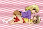  absurdres artist_request barefoot belt blonde_hair blush brown_eyes brown_hair casual girl_on_top hair_ornament hairclip hidamari_sketch highres looking_at_viewer lying miyako multiple_girls official_art on_back plaid plaid_skirt polka_dot polka_dot_background scan short_hair shorts skirt sleeves_pushed_up socks yuno 