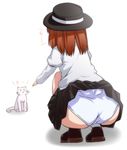  ass brown_hair cat dress hat juliet_sleeves long_sleeves panties pantyshot pantyshot_(squatting) puffy_sleeves short_hair skirt solo squatting tori_(minamopa) touhou underwear usami_renko wardrobe_error white_panties 