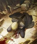  blonde_hair blood cross gloves heinkel_wolfe hellsing kneeling nankakureman solo trench_coat 