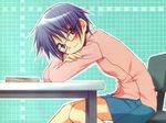  aoki_ume blue_eyes blue_hair blush book desk glasses hidamari_sketch looking_at_viewer official_art sae scan short_hair sitting smile solo 