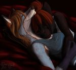  anthro black_fur brown_hair canine clothing cuddling duo eyes_closed female fox fur grey_fox grey_fur hair lesbian limizuki love mammal nova_era orange_markings red_hair shirt sierra_blakely sleeping tank_top wolf 