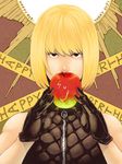  apple black_eyes black_gloves blonde_hair bob_cut death_note food fruit gloves leather male_focus mello neopara solo tegaki vest 