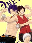  black_hair male_focus monkey_d_luffy multiple_boys neopara one_piece portgas_d_ace purple_hair shirtless shorts tegaki 