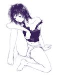  barefoot iro_(waterloafer) monochrome navel original panties shorts simple_background sitting solo strap_slip tank_top underwear upshorts white_background 