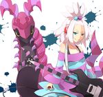  bass_guitar gen_5_pokemon gym_leader hair_bobbles hair_ornament haseneko highres homika_(pokemon) instrument poke_ball pokemon pokemon_(creature) pokemon_(game) pokemon_bw2 scolipede short_hair smile striped topknot white_hair 