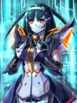  android black_hair blue_background edobox hands_together lisa_(pso2) looking_at_viewer own_hands_together pale_skin phantasy_star phantasy_star_online_2 red_eyes science_fiction smile solo steepled_fingers 