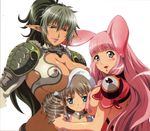  3girls animal_ears blush_stickers breast_envy breasts brown_hair bunny_ears drill_hair echidna elf green_hair highres large_breasts long_hair looking_at_viewer melona multiple_girls official_art pink_hair pointy_ears queen&#039;s_blade queen's_blade red_eyes rin-sin smile snake standing ymir ymir_(queen's_blade) 