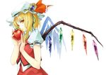  apple blonde_hair blue_ribbon crystal flandre_scarlet food fruit hair_ribbon hat hat_ribbon holding holding_food holding_fruit mob_cap orange_eyes parted_lips puffy_short_sleeves puffy_sleeves red_eyes ribbon short_hair short_sleeves side_ponytail simple_background slit_pupils solo touhou tsurukame vest white_background wings 