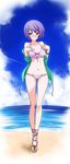  ankle_lace-up bikini blush cross-laced_footwear front-tie_top full-face_blush highres kawagishi_keitarou looking_at_viewer lowleg lowleg_bikini maji_de_watashi_ni_koi_shinasai! maji_de_watashi_ni_koi_shinasai!_s navel purple_hair shiina_miyako solo swimsuit water 