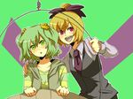  akasata alternate_costume bad_id bad_pixiv_id blonde_hair blush bow collarbone contemporary green_eyes green_hair hair_bow kisume kurodani_yamame long_sleeves multiple_girls necktie open_mouth pink_eyes puffy_sleeves shirt short_hair simple_background striped striped_shirt touhou twintails two-tone_background 