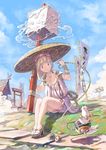  ajirogasa banner bare_legs blonde_hair blue_eyes blue_sky chopsticks cloud contest_winner day dress food geta grass hat japanese_clothes kouhaku_nawa looking_at_viewer magical_girl mahou_shoujo_taisen mahou_shoujo_taisen_contest_1 nobori outdoors oversized_object pomodorosa rice_hat rope short_dress short_hair sitting sky smile spinning_top tofu torii 