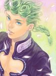  blue_eyes braid curly_hair giorno_giovanna green_hair jojo_no_kimyou_na_bouken male_focus neopara petals short_braid solo tegaki 