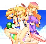  alice_margatroid bikini blonde_hair blue_eyes bow casual_one-piece_swimsuit day food fruit gradient_hair hair_bow hairband hijiri_byakuren ikayaki innertube kanoe_soushi kirisame_marisa multicolored_hair multiple_girls one-piece_swimsuit one_eye_closed open_mouth patchouli_knowledge pink_hair purple_eyes purple_hair sky smile swimsuit touhou watermelon yellow_eyes 