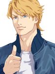  blonde_hair blue_eyes blue_jacket bomber_jacket jacket keith_goodman male_focus neopara solo tegaki thumbs_up tiger_&amp;_bunny 