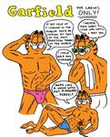  anthro bulge cat clothed clothing comic dialog english_text eyewear feline flower garfield garfield_(series) glasses looking_at_viewer looking_back male mammal multiple_poses muscles plain_background pose romantic rose skimpy solo speech_bubbles sunglasses text underwear unknown_artist what white_background 