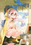  absurdres apple_inc. boots brand_name_imitation breasts bucket cup headphones highres hood horns medium_breasts mug naked_raincoat nitroplus no_bra open_mouth paint pink_eyes pink_hair raincoat scan solo squatting super_sonico tansuke 