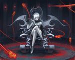  armor armored_boots asymmetrical_clothes boots claws crossed_legs detached_sleeves fingernails grey_skin highres lantern mizusawa_hikaru original pointy_ears red_eyes sharp_fingernails sitting snake spirit throne white_hair 