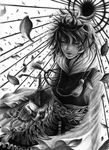  belt bishamonten's_pagoda cherry_blossoms greyscale hair_ornament hane_(azelye) jewelry monochrome multicolored_hair necklace petals solo toramaru_shou touhou two-tone_hair 