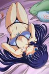  aoki_reika bikini blue_bikini blue_eyes blue_hair blush breasts cleavage highres large_breasts long_hair looking_at_viewer lying navel nishi_koutarou on_back open_mouth pillow precure shiny shiny_skin skindentation smile smile_precure! solo staring strap_pull sweat swimsuit upside-down yes yes-no_pillow 
