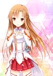  armor asuna_(sao) brown_eyes brown_hair detached_sleeves hands_clasped own_hands_together skirt smile solo sword sword_art_online thighhighs uehara_yukihiko weapon 