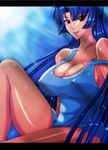  alternate_costume bangs bare_arms bare_legs bare_shoulders blue_hair blue_swimsuit blush breasts brown_eyes casual_one-piece_swimsuit collarbone commentary_request covered_nipples eyebrows_visible_through_hair eyelashes from_side highres knee_up large_breasts letterboxed light_rays long_hair looking_at_viewer looking_to_the_side one-piece_swimsuit parted_bangs partial_commentary r-wade shiny shiny_hair solo strap_slip sunbeam sunlight swimsuit taimanin_(series) taimanin_asagi tongue tongue_out very_long_hair yatsu_murasaki 