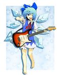  atsumi_haru barefoot blue_eyes blue_hair bow cirno electric_guitar guitar hair_bow instrument one_eye_closed open_mouth plectrum smile solo touhou whammy_bar 