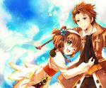  1girl ;d akamomo alvin_(tales) bad_id bad_pixiv_id belt bike_shorts blue_background bow brown_eyes brown_hair coat cravat green_eyes hair_bow hairband leia_rolando one_eye_closed open_mouth short_hair smile tales_of_(series) tales_of_xillia 