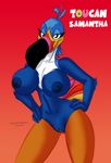 anthro avian beak big_breasts breasts butt crossgender english_text feathers female jilo looking_at_viewer nipples nude parody plain_background pussy solo text toucan toucan_sam 