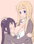  black_hair blonde_hair blue_eyes blush bra breast_sucking breasts cleavage k-on! kotobuki_tsumugi lactation large_breasts long_hair multiple_girls nakano_azusa open_clothes open_shirt shinama shirt simple_background sketch underwear yuri 