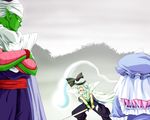  2girls blue_eyes bow cape cosplay crossed_arms crossover dragon_ball dragon_ball_z green_skin hat kamishima_kanon katana konpaku_youmu konpaku_youmu_(ghost) multiple_girls open_mouth piccolo piccolo_(cosplay) pink_hair pointy_ears saigyouji_yuyuko short_hair sword touhou turban weapon white_hair 