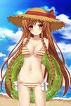  1girl arms_behind_back bare_shoulders beach bikini blush braid breasts brown_hair cleavage cloud collarbone culture_japan hat innertube large_breasts long_hair looking_at_viewer lowleg lowleg_bikini mirai_suenaga multicolored_bikini navel original sand shiny shiny_skin side-tie_bikini sky smile solo striped striped_bikini striped_swimsuit suenaga_mirai swimsuit tonee twin_braids underboob very_long_hair water 