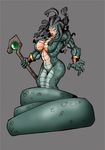  anthro belly_scales big_breasts big_lips black_scales bracers breasts countershading digital_media_(art) fangs female feral forked_tongue front_view frown full-length_portrait green_eyes grey_background grey_claws grey_countershading group hair holding long_tongue lordstevie medusa monster naga nipples nude open_mouth orange_countershading orange_skin plain_background polearm reptile scalie slit snake snake_hair staff standing teal_countershading teal_scales three-quarter_view tongue tongue_out yellow_sclera 