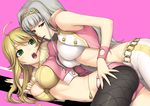  ahoge antenna_hair blonde_hair breasts fishnet_pantyhose fishnets food green_eyes hairband hoshii_miki idolmaster idolmaster_(classic) large_breasts long_hair lying mouth_hold multiple_girls navel on_side open_mouth pantyhose pink_diamond_765 pocky purple_eyes shijou_takane silver_hair tanaka_shoutarou yuri 