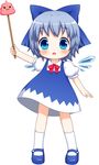  :3 bebeneko blue_eyes blue_hair cirno commentary dress hair_ribbon mary_janes poop poop_on_a_stick ribbon shoes slime solo touhou wings younger 