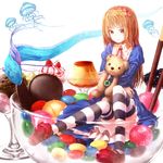  bowl brown_eyes brown_hair candy eel food fruit glass hairband holding ice_cream in_container in_food jellyfish lain lollipop long_hair minigirl original pocky sitting smile solo strawberry striped striped_legwear stuffed_animal stuffed_toy sweets teddy_bear thighhighs 