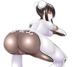  1girl ass black_hair blush bodysuit breasts bun_cover cameltoe chinese_clothes double_bun embarrassed fate/grand_order fate_(series) fingerless_gloves gloves huge_ass looking_at_viewer looking_back medium_breasts ninja nyam pants qin_liangyu_(fate) shiny shiny_hair short_hair sideboob skin_tight solo squatting thick_thighs thighs tight tight_pants wide_hips yellow_eyes 