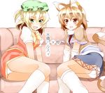  :o animal_ears arm_support arm_warmers bad_id bad_pixiv_id blonde_hair blush bow brown_eyes brown_hair cat_ears cat_tail chen chen_(cosplay) cosplay costume_switch couch detached_sleeves fang green_eyes hat kneehighs looking_at_viewer mizuhashi_parsee mizuhashi_parsee_(cosplay) multiple_girls multiple_tails open_mouth panties pointy_ears ponytail puffy_sleeves short_hair short_sleeves sitting tail taniyamakisyou touhou translated underwear v-shaped_eyebrows white_legwear white_panties yellow_eyes 