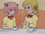  70s blonde_hair bow cake chargeman_ken! cup dessert drill_hair food hair_ornament hair_ribbon kaname_madoka lowres mahou_shoujo_madoka_magica multiple_girls nomiakkyu oldschool parody pink_hair retro ribbon school_uniform style_parody table teacup tomoe_mami twin_drills twintails 