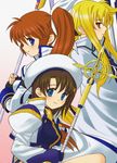  bardiche blonde_hair blue_eyes brown_hair cape cross fate_testarossa fingerless_gloves gloves gradient gradient_background hair_ribbon hat highres jacket long_hair lyrical_nanoha magical_girl mahou_senki_lyrical_nanoha_force mahou_shoujo_lyrical_nanoha_strikers multiple_girls one_eye_closed puffy_sleeves purple_eyes raising_heart red_eyes ribbon schwertkreuz shinanoya_(satanicad) short_hair side_ponytail smile staff takamachi_nanoha yagami_hayate 